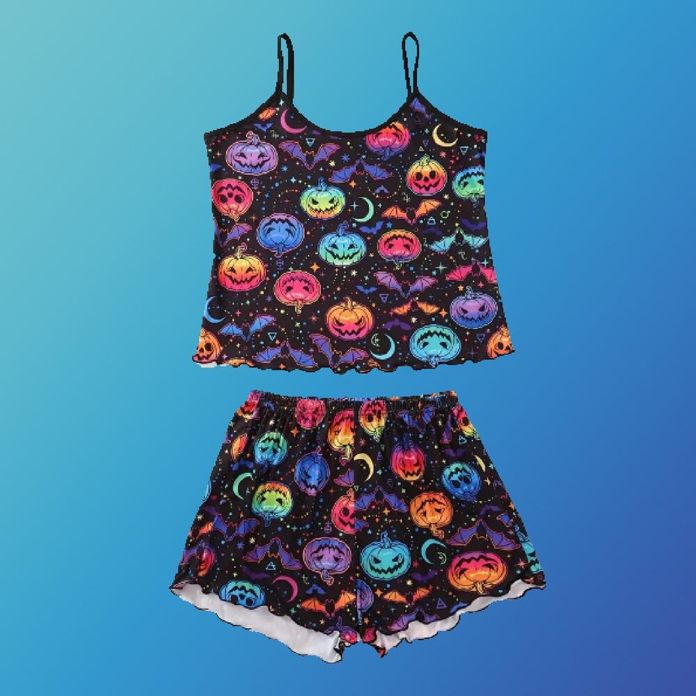 Ladies 2 Piece Colorful Halloween Pajamas Set with Shirt & Shorts Size Large